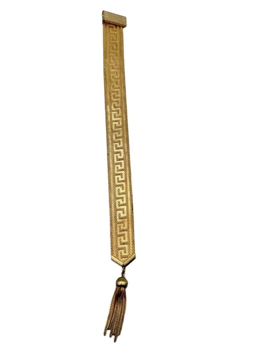 Art Deco Byzantine Greek Key Tassel Gold Tone Mesh Slide Bracelet - Picture 14 of 16